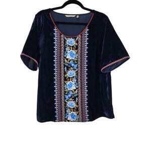 Soft Surroundings Navy Velvet Embroidered Floral Lilian Short Sleeve Top Size L